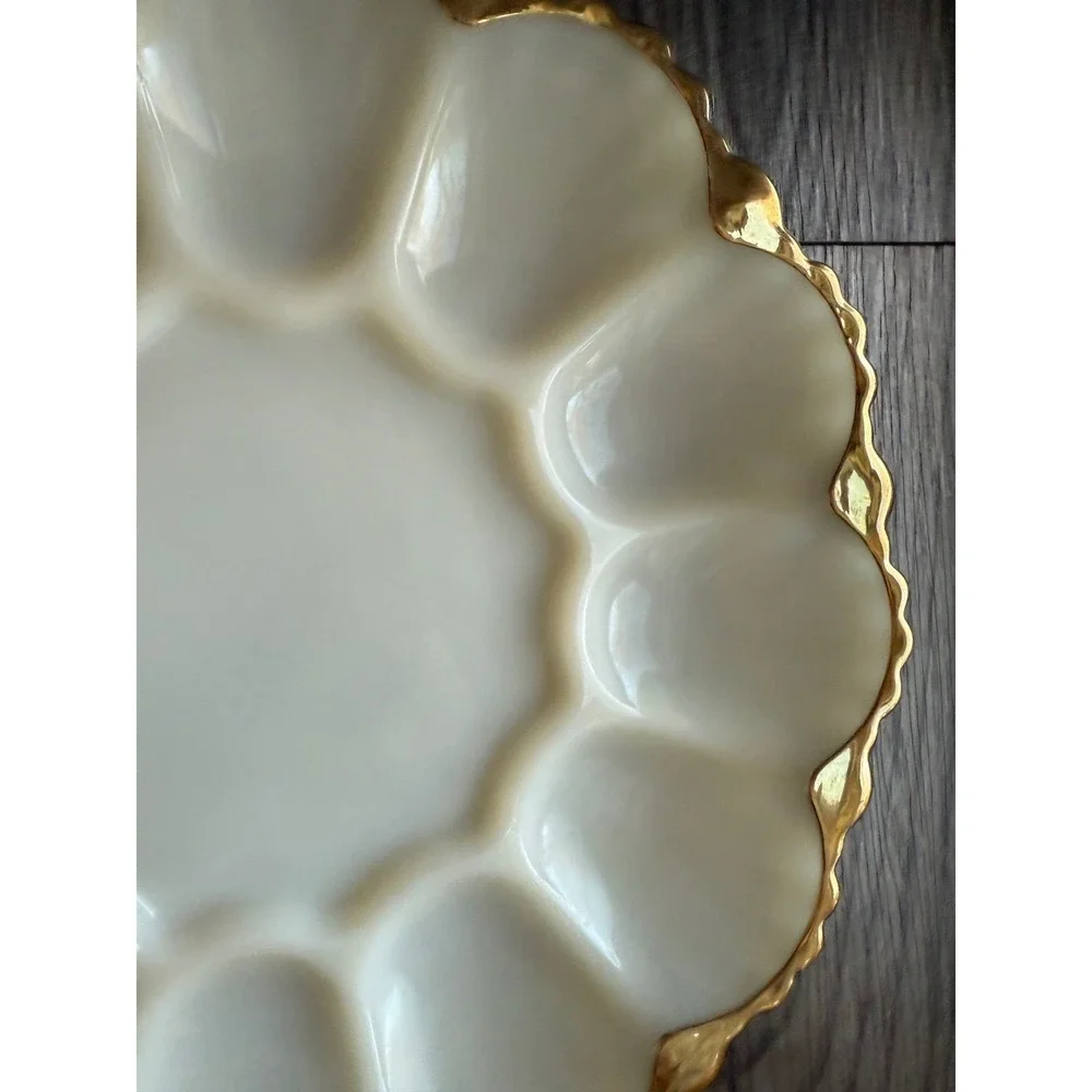 Vintage Milk Glass Egg Plate Gold Trimmed Scalloped Edge 12 Dessert Serving Dish